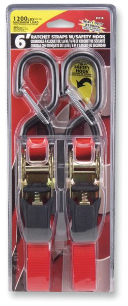 (image for) Erickson Medium-Duty Ratchet Tie-Downs with Safety Clip Hooks, 1" x 6', Red