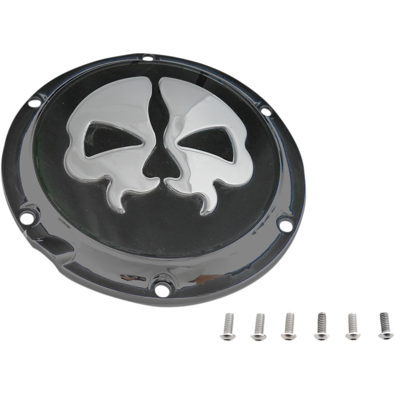 Drag Specialties Split Skull Derby Cover - Black w/ chrome skull