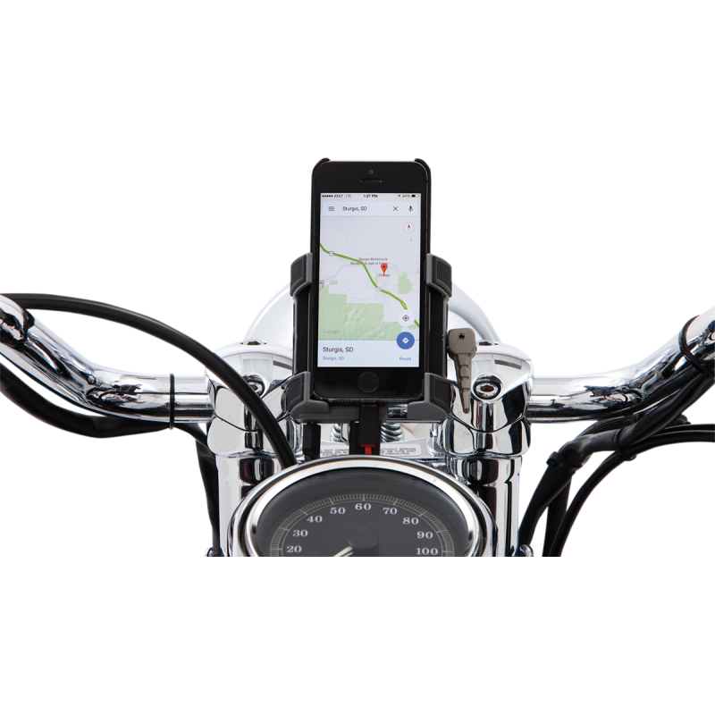 Smartphone Holder with Charger - Chrome Handlebar Mount (7/8"-1")