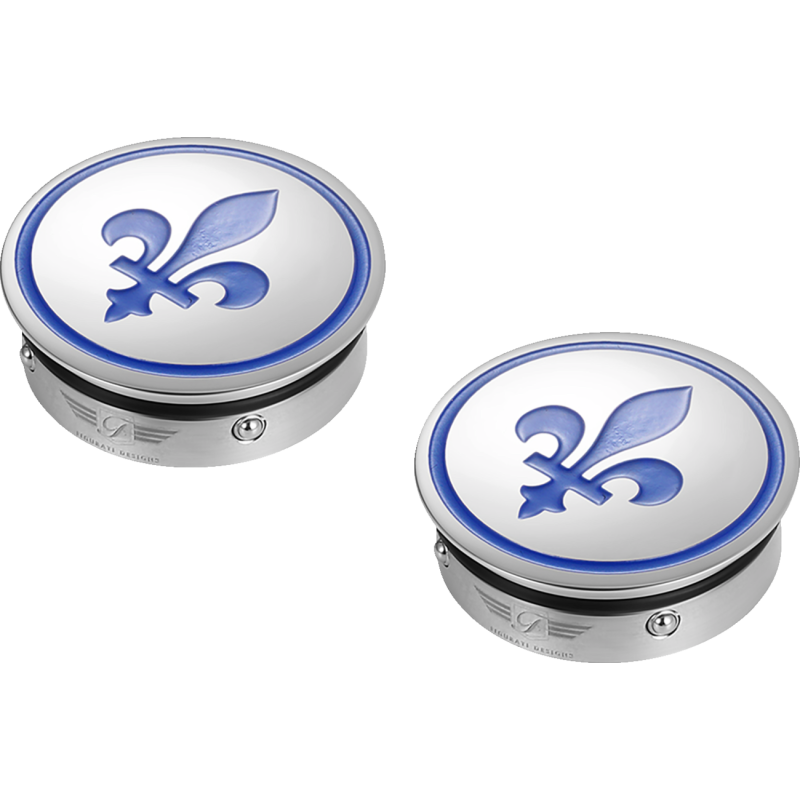 Swingarm Pivot Cover - Mirror polished w/ blue fleur-de-lis